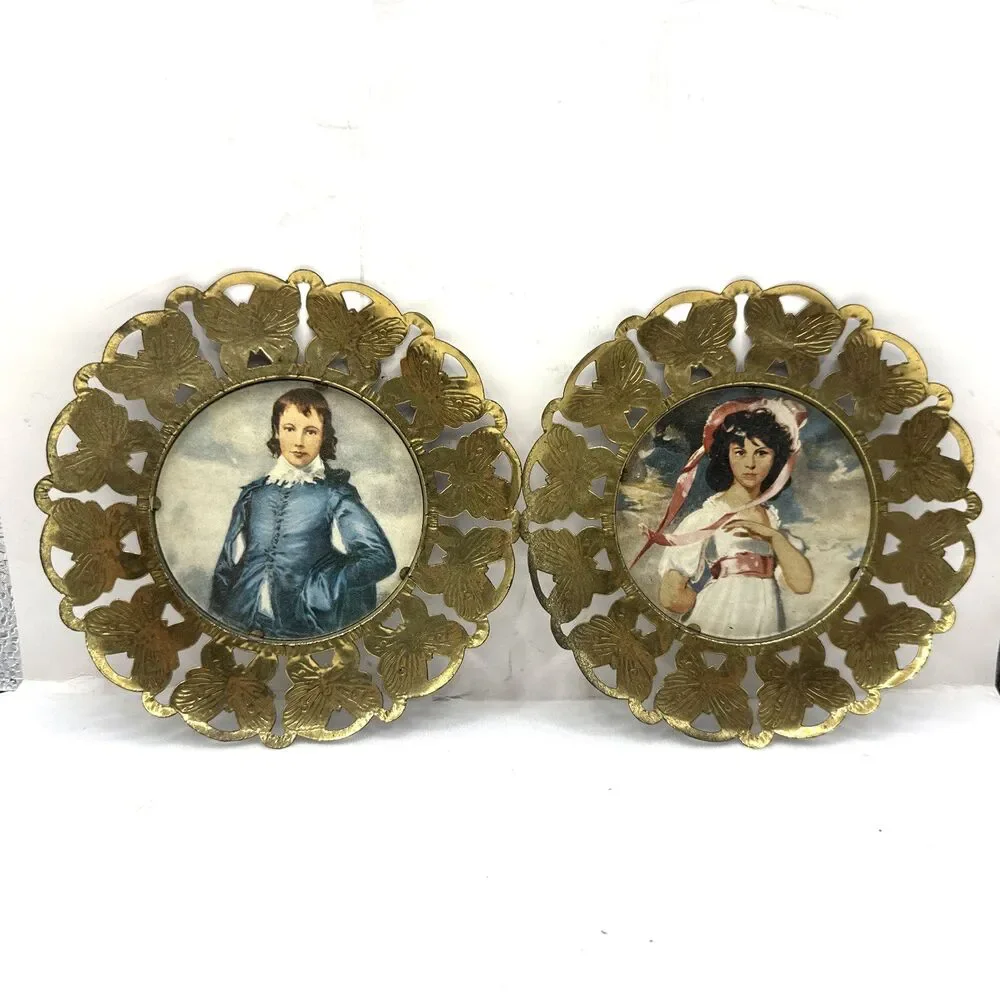 vintage lot of 2 england brass butterfly picture frame girl & Boy
